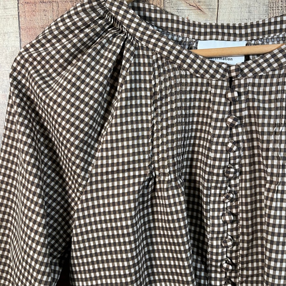 Reformation Adeline Top Anzo Check Brown Gingham Puff Sleeve Blouse Small - Picture 2 of 7